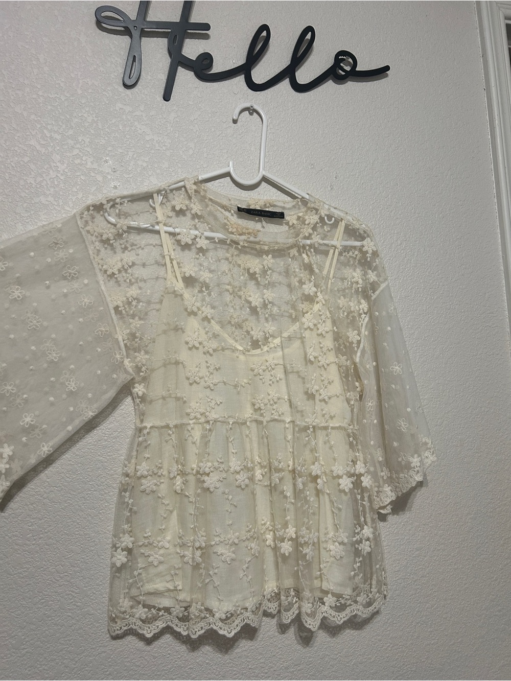 Zara Cream Sheer Lace Trim Blouse